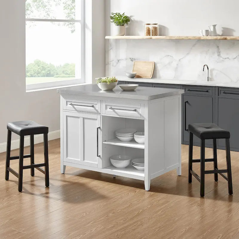 Crosley Silvia Stainless Steel Top Island W/Uph Saddle Stools - 47d x 46w x 36.5h