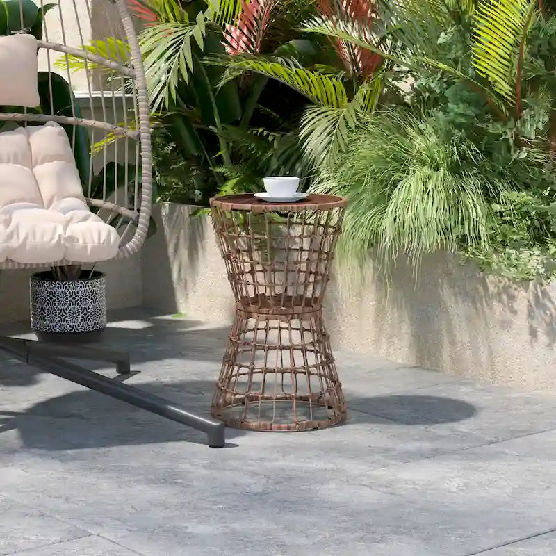 Indoor/Outdoor Boho Rattan Rope Table with Acacia Wood Top - 15.75W x 15.75D x 25H