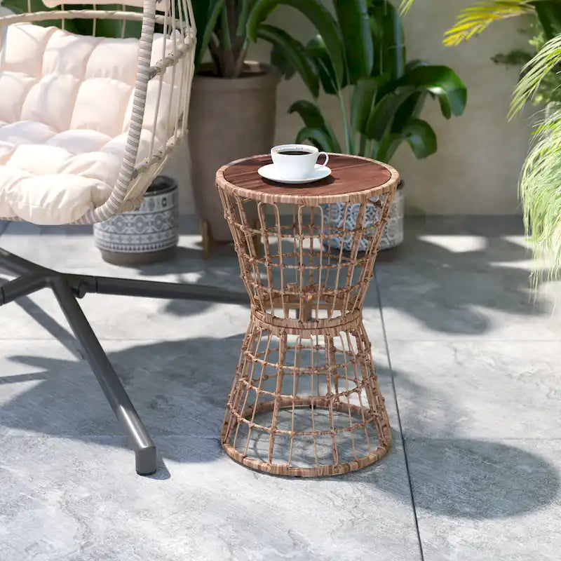 Indoor/Outdoor Boho Rattan Rope Table with Acacia Wood Top - 15.75W x 15.75D x 25H