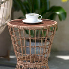 Indoor/Outdoor Boho Rattan Rope Table with Acacia Wood Top - 15.75W x 15.75D x 25H