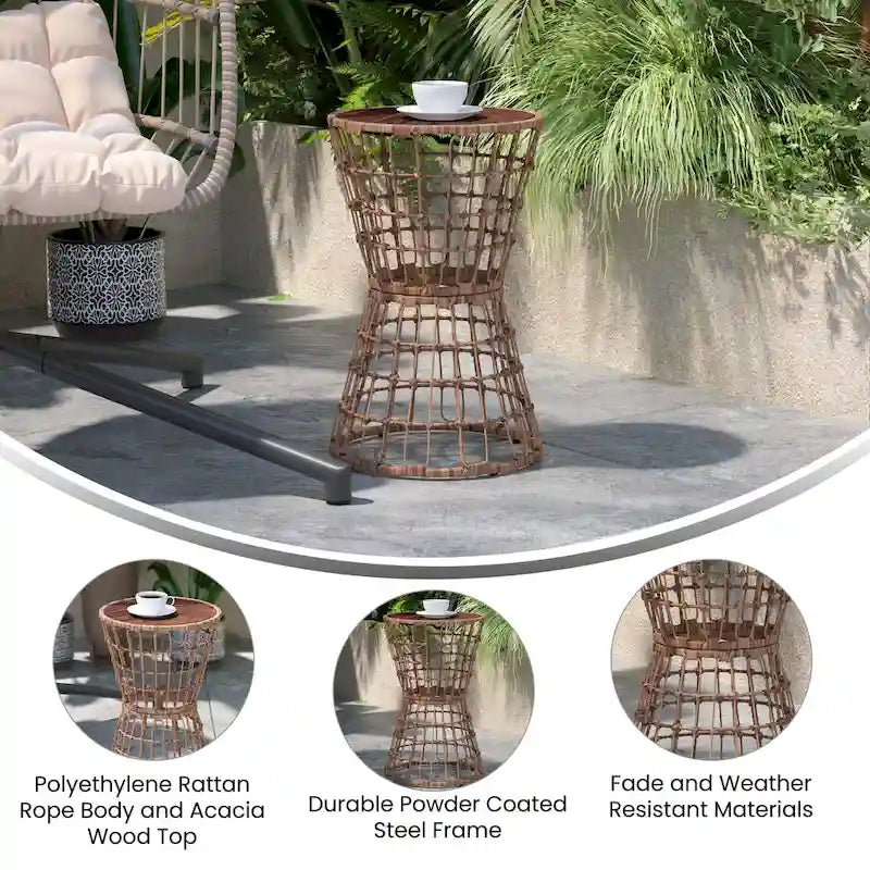 Indoor/Outdoor Boho Rattan Rope Table with Acacia Wood Top - 15.75W x 15.75D x 25H