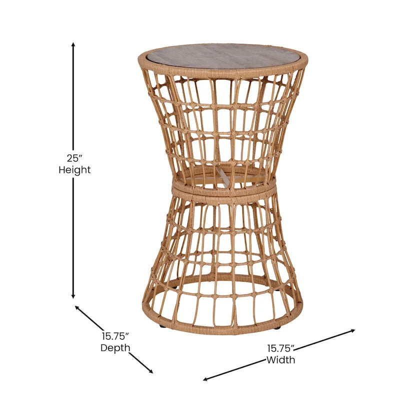 Indoor/Outdoor Boho Rattan Rope Table with Acacia Wood Top - 15.75W x 15.75D x 25H