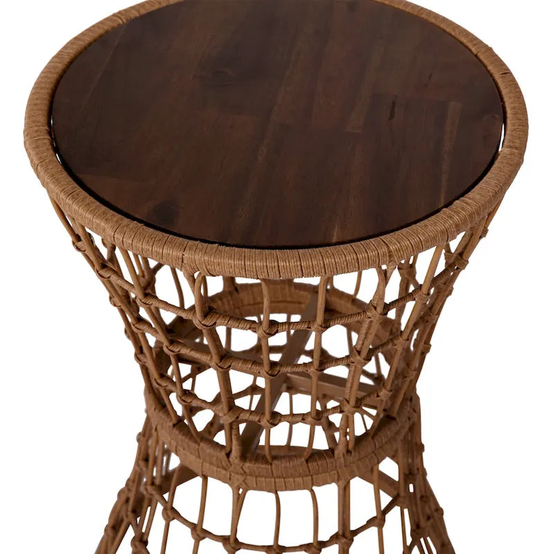 Indoor/Outdoor Boho Rattan Rope Table with Acacia Wood Top - 15.75W x 15.75D x 25H