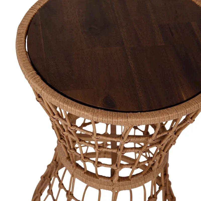 Indoor/Outdoor Boho Rattan Rope Table with Acacia Wood Top - 15.75W x 15.75D x 25H
