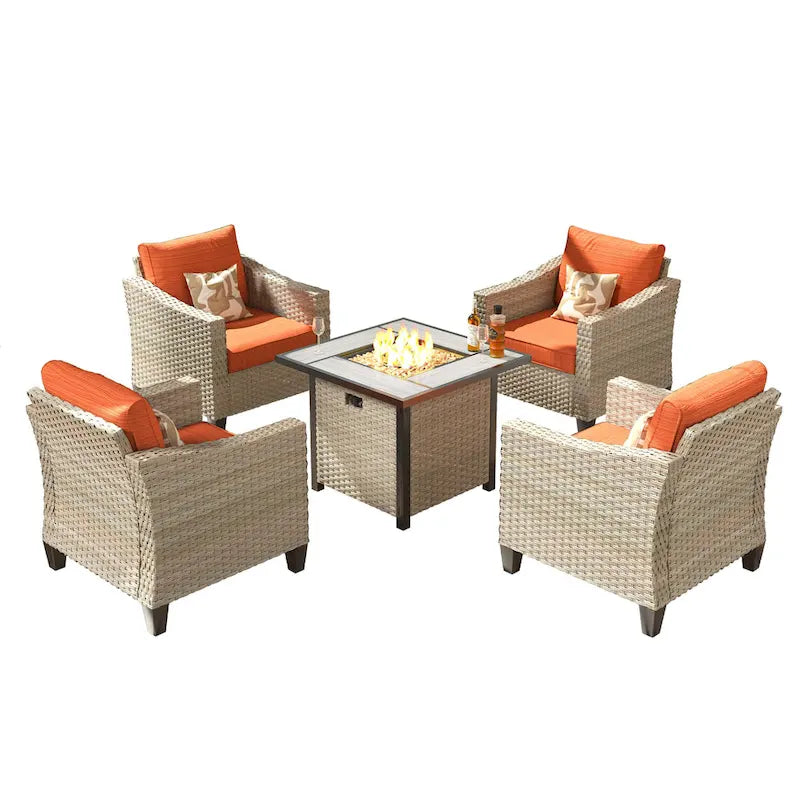 HOOOWOOO 5-piece Outdoor Patio Furniture Rattan Chat Set with Fire Pit Table