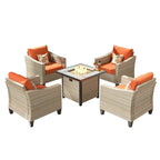 HOOOWOOO 5-piece Outdoor Patio Furniture Rattan Chat Set with Fire Pit Table