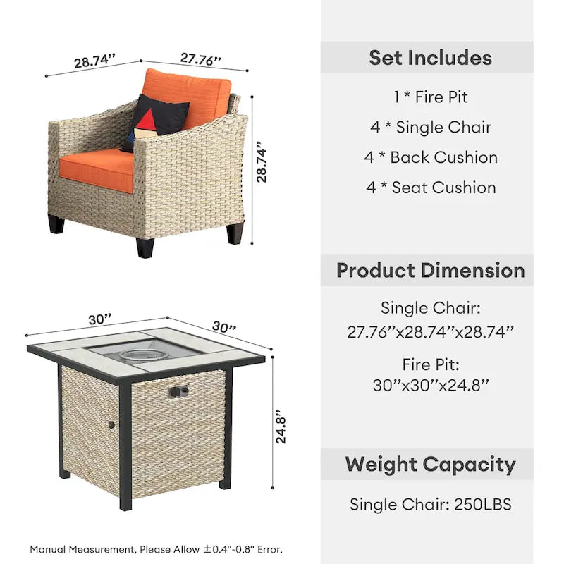 HOOOWOOO 5-piece Outdoor Patio Furniture Rattan Chat Set with Fire Pit Table