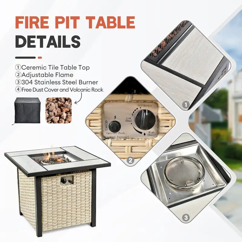 HOOOWOOO 5-piece Outdoor Patio Furniture Rattan Chat Set with Fire Pit Table