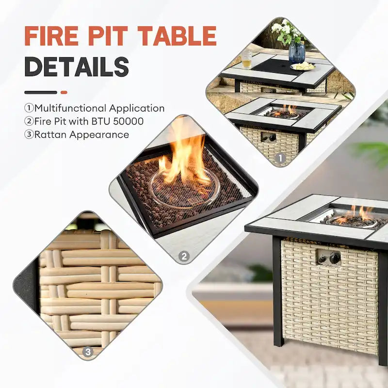 HOOOWOOO 5-piece Outdoor Patio Furniture Rattan Chat Set with Fire Pit Table