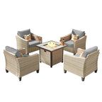 HOOOWOOO 5-piece Outdoor Patio Furniture Rattan Chat Set with Fire Pit Table