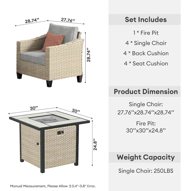 HOOOWOOO 5-piece Outdoor Patio Furniture Rattan Chat Set with Fire Pit Table