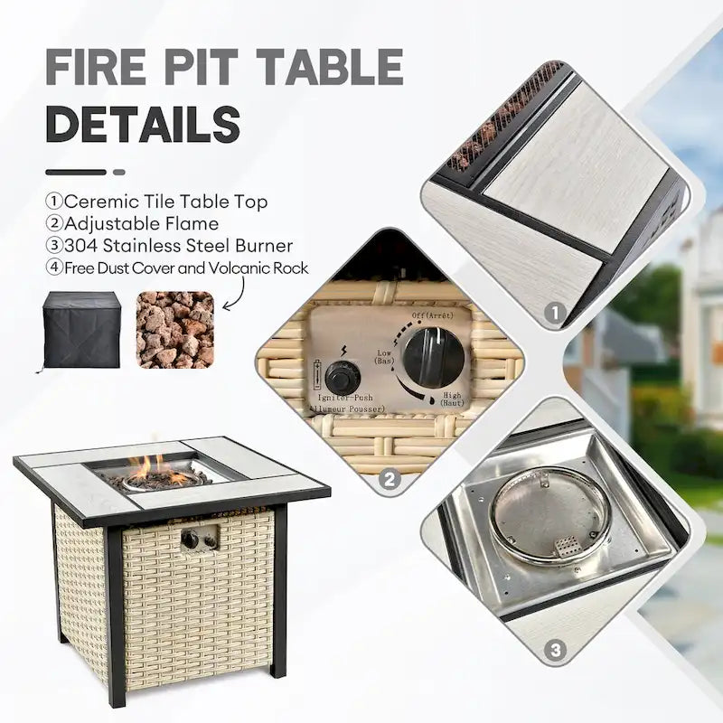 HOOOWOOO 5-piece Outdoor Patio Furniture Rattan Chat Set with Fire Pit Table