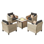 HOOOWOOO 5-piece Outdoor Patio Furniture Rattan Chat Set with Fire Pit Table