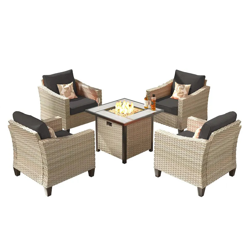 HOOOWOOO 5-piece Outdoor Patio Furniture Rattan Chat Set with Fire Pit Table