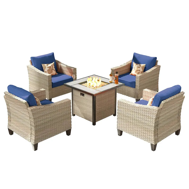 HOOOWOOO 5-piece Outdoor Patio Furniture Rattan Chat Set with Fire Pit Table