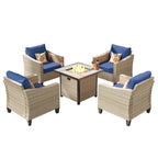 HOOOWOOO 5-piece Outdoor Patio Furniture Rattan Chat Set with Fire Pit Table