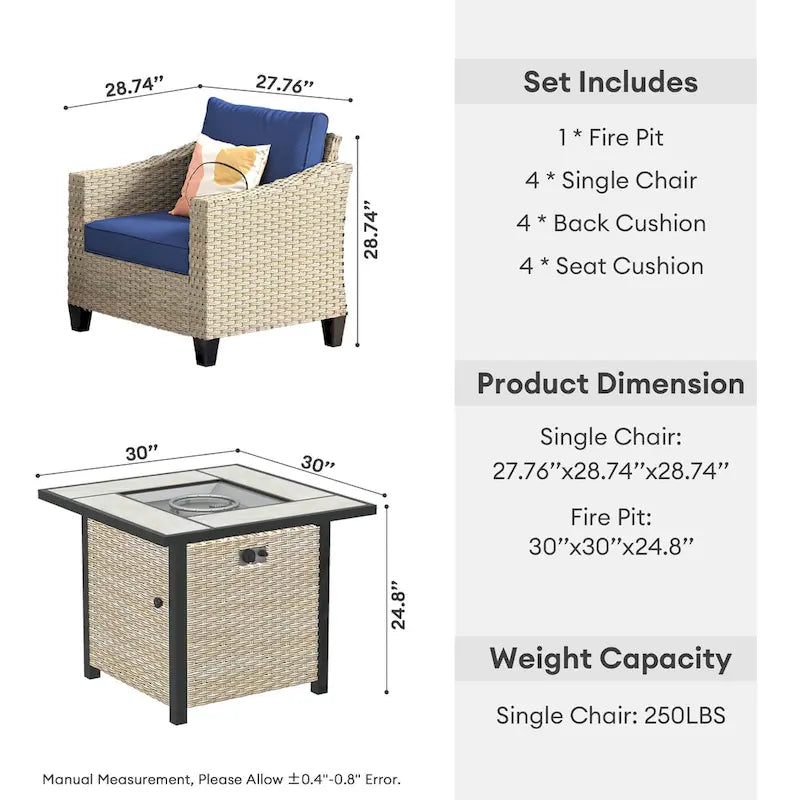 HOOOWOOO 5-piece Outdoor Patio Furniture Rattan Chat Set with Fire Pit Table