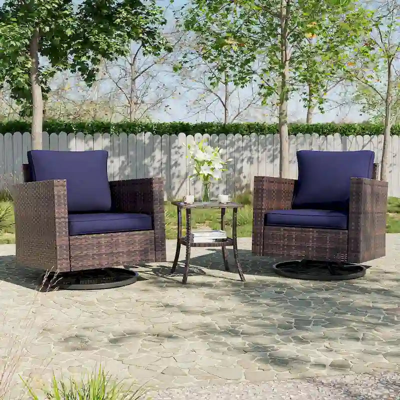 BONOSUKI 3Pcs Patio Swivel Rocking Sofa Set Brown Rattan w/Glass Table