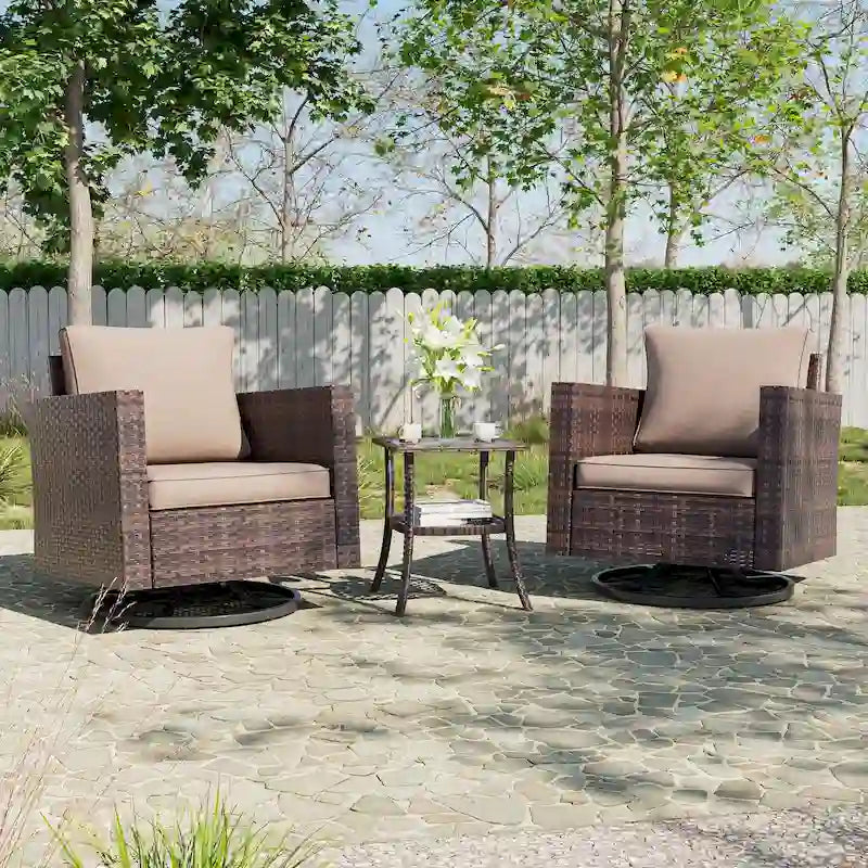 BONOSUKI 3Pcs Patio Swivel Rocking Sofa Set Brown Rattan w/Glass Table