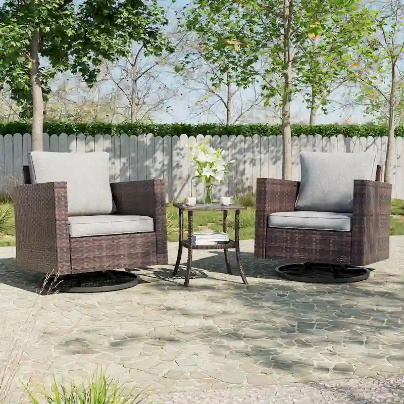 BONOSUKI 3Pcs Patio Swivel Rocking Sofa Set Brown Rattan w/Glass Table