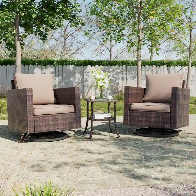 BONOSUKI 3Pcs Patio Swivel Rocking Sofa Set Brown Rattan w/Glass Table