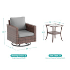 BONOSUKI 3Pcs Patio Swivel Rocking Sofa Set Brown Rattan w/Glass Table