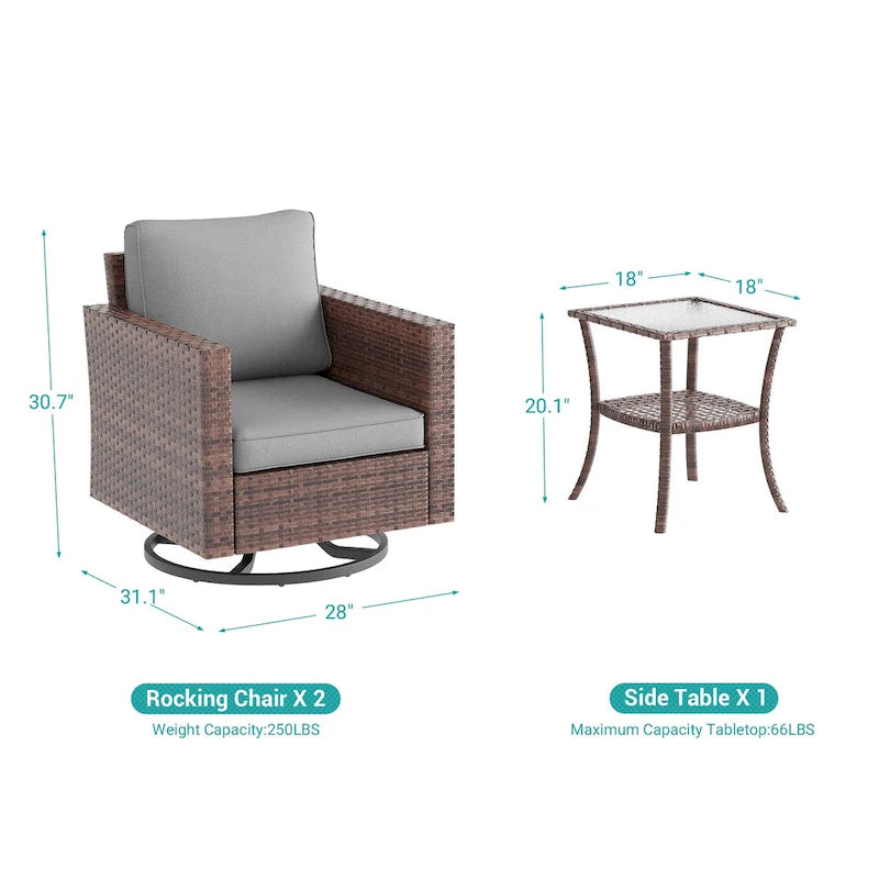 BONOSUKI 3Pcs Patio Swivel Rocking Sofa Set Brown Rattan w/Glass Table