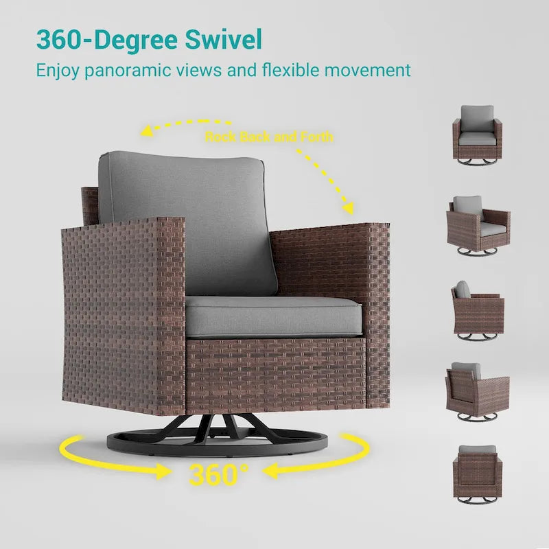 BONOSUKI 3Pcs Patio Swivel Rocking Sofa Set Brown Rattan w/Glass Table