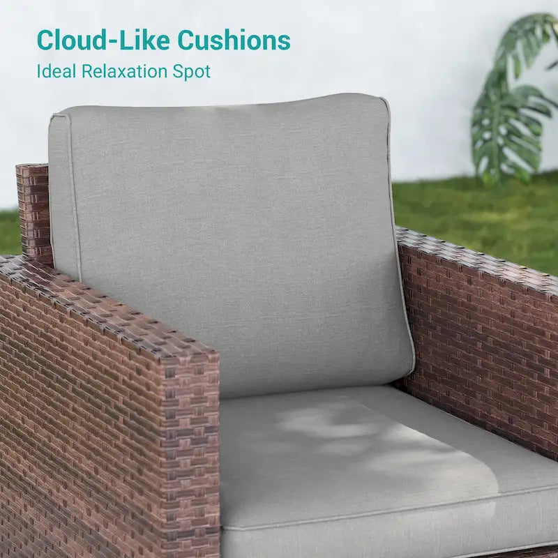 BONOSUKI 3Pcs Patio Swivel Rocking Sofa Set Brown Rattan w/Glass Table