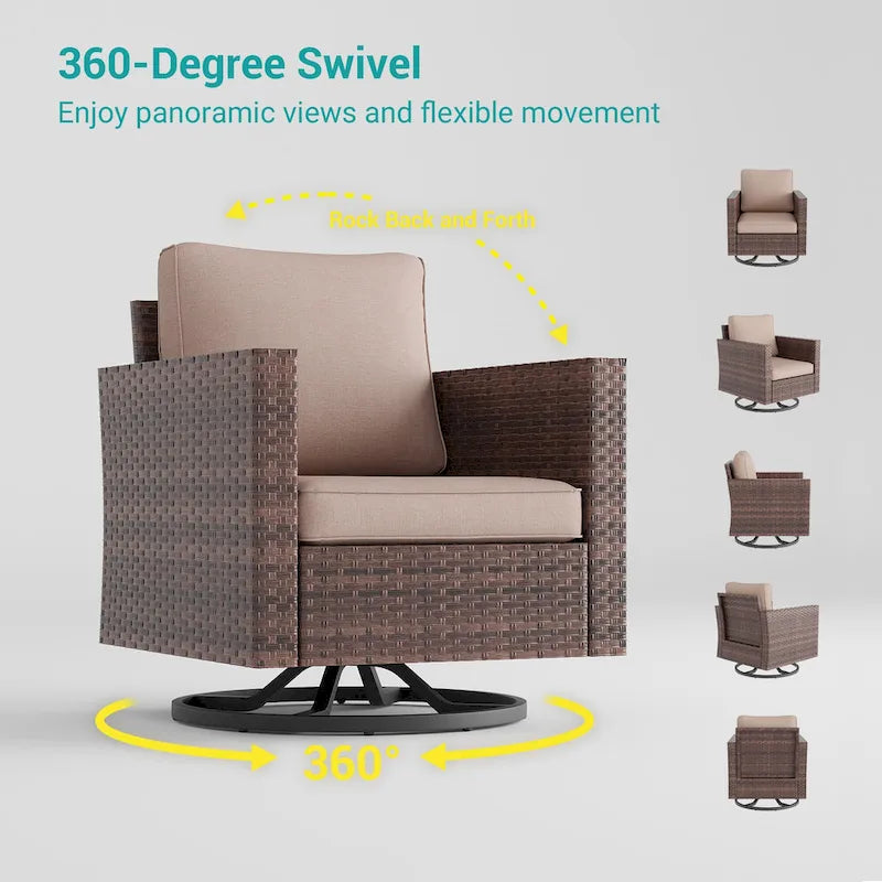 BONOSUKI 3Pcs Patio Swivel Rocking Sofa Set Brown Rattan w/Glass Table