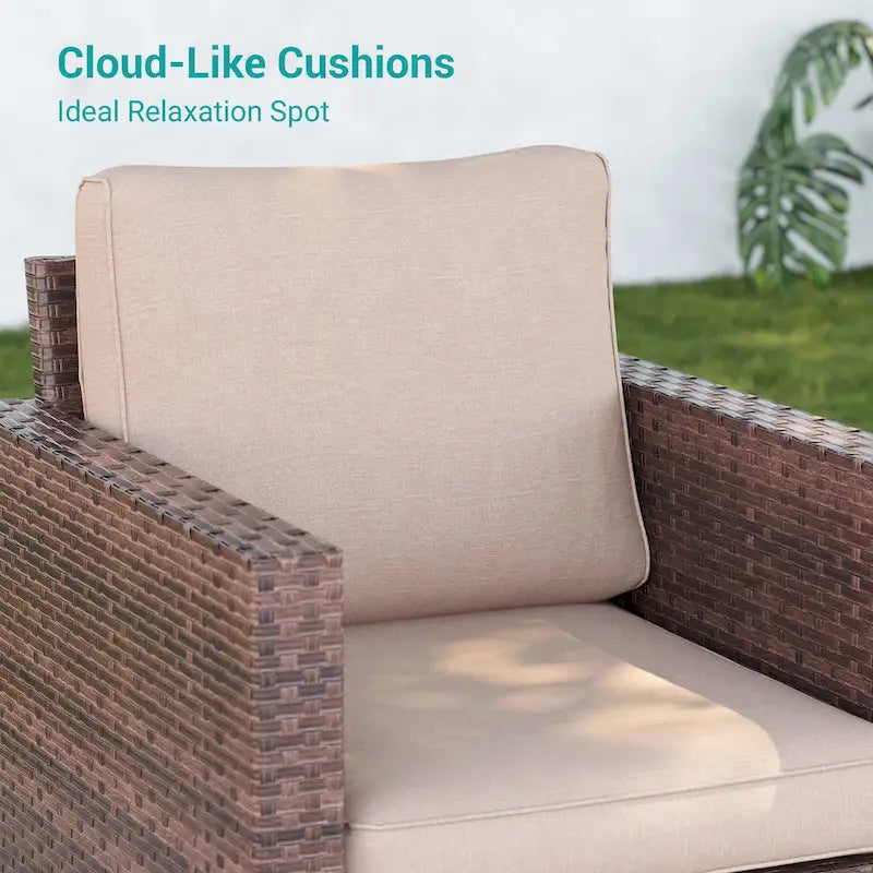 BONOSUKI 3Pcs Patio Swivel Rocking Sofa Set Brown Rattan w/Glass Table