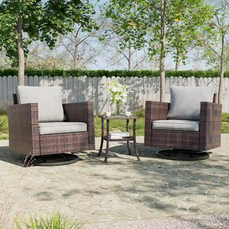 BONOSUKI 3Pcs Patio Swivel Rocking Sofa Set Brown Rattan w/Glass Table