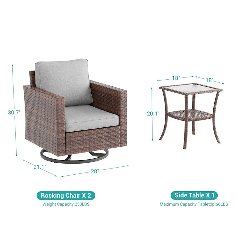 BONOSUKI 3Pcs Patio Swivel Rocking Sofa Set Brown Rattan w/Glass Table