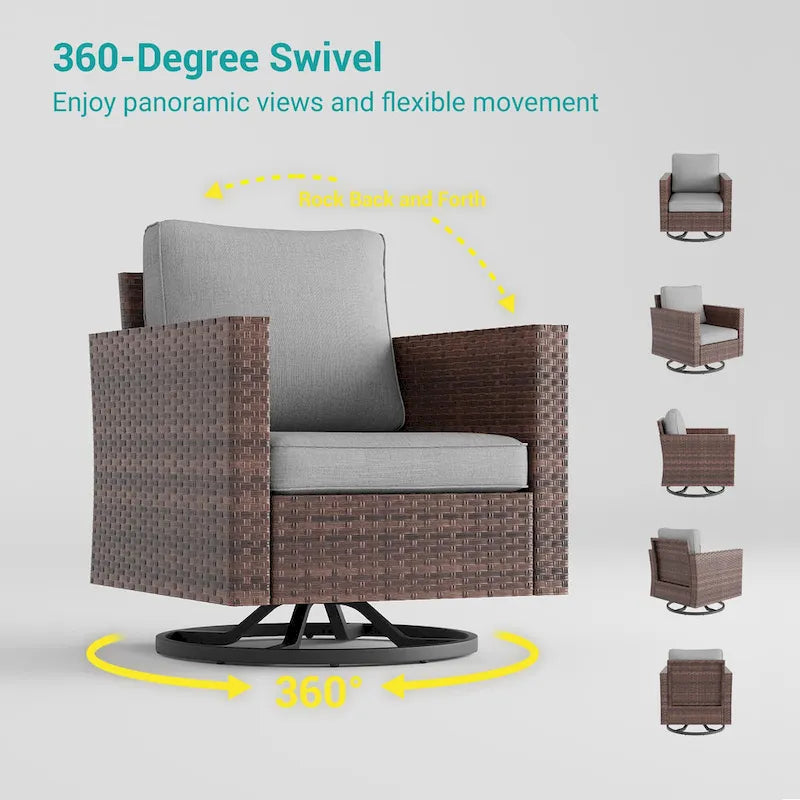 BONOSUKI 3Pcs Patio Swivel Rocking Sofa Set Brown Rattan w/Glass Table
