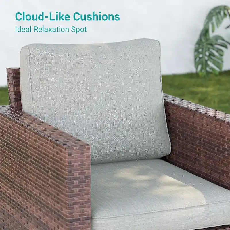 BONOSUKI 3Pcs Patio Swivel Rocking Sofa Set Brown Rattan w/Glass Table