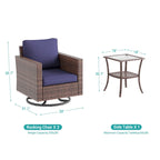 BONOSUKI 3Pcs Patio Swivel Rocking Sofa Set Brown Rattan w/Glass Table
