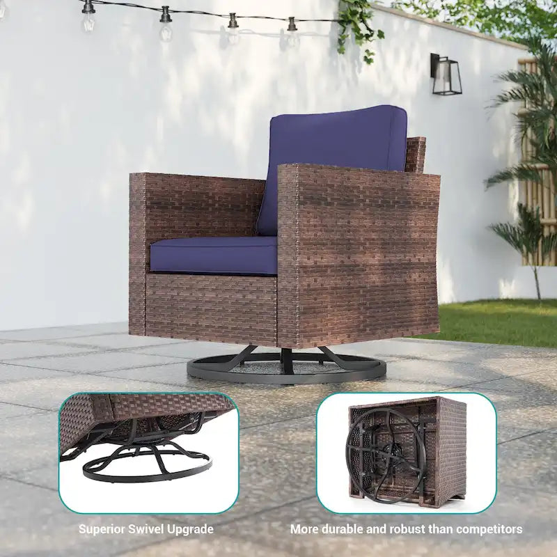 BONOSUKI 3Pcs Patio Swivel Rocking Sofa Set Brown Rattan w/Glass Table