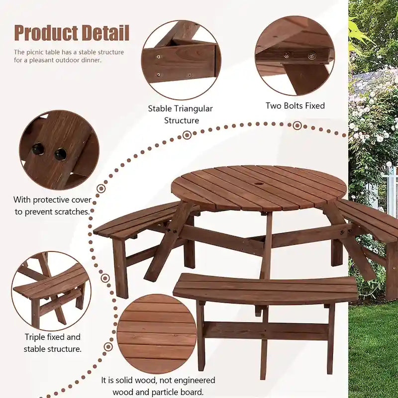 6-Person Outdoor Picnic Table w/Benches & Umbrella Hole, 1720 LBS