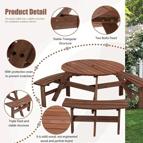 6-Person Outdoor Picnic Table w/Benches & Umbrella Hole, 1720 LBS