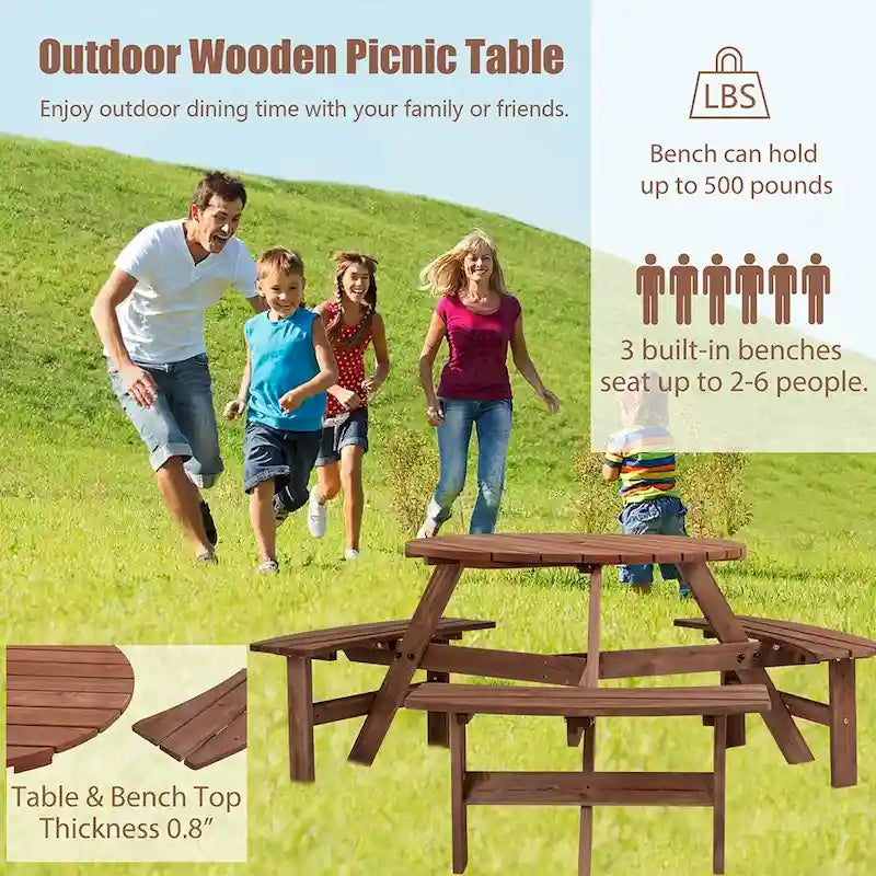 6-Person Outdoor Picnic Table w/Benches & Umbrella Hole, 1720 LBS
