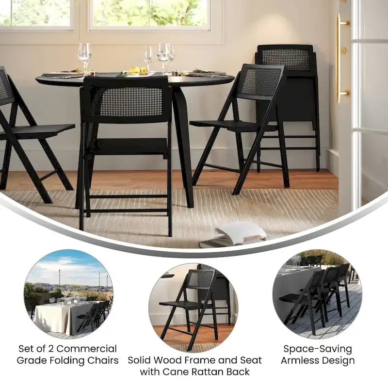 2 Pack Commercial Cane Rattan Folding Chairs - Wood Backs and Seats