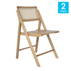 2 Pack Commercial Cane Rattan Folding Chairs - Wood Backs and Seats