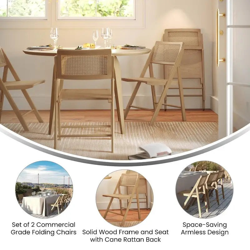 Folding Armless Cane Rattan Chairs with Breathable Woven Backrests - 2 Pack