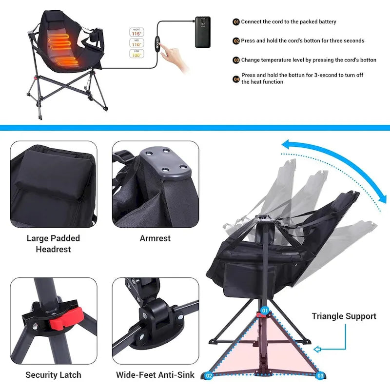 Hammock Camping Chair, Heated Chair, Camping Hammock, Swing Chair, Adjustable Back Portable with Cup Holder, Pillow