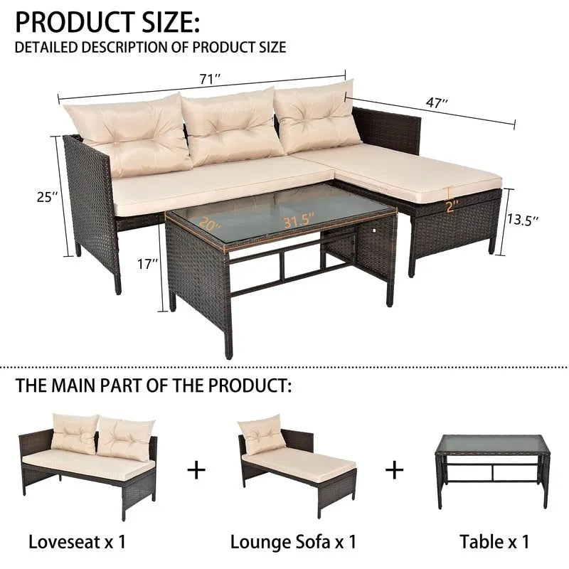 Patio PE Wicker 3-Piece Sectional Conversation Set