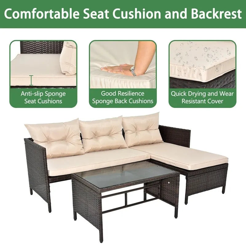 Patio PE Wicker 3-Piece Sectional Conversation Set