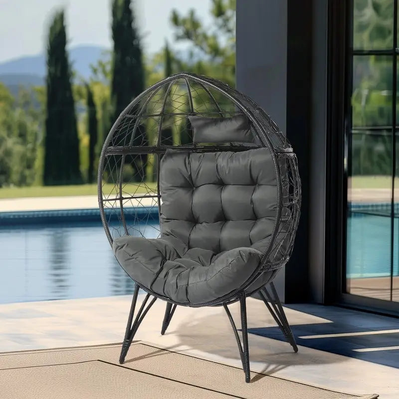 Patio Wicker Egg Chair with Beige Cushion