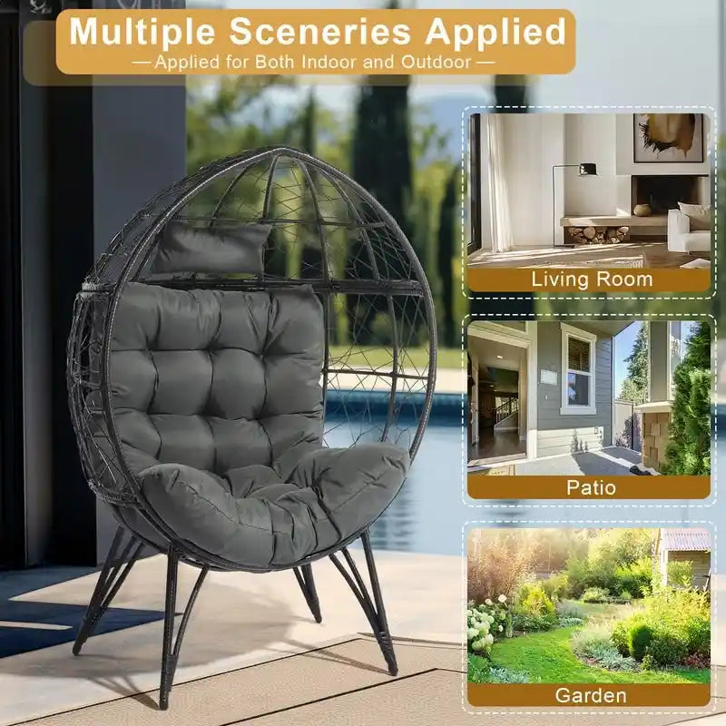 Patio Wicker Egg Chair with Beige Cushion