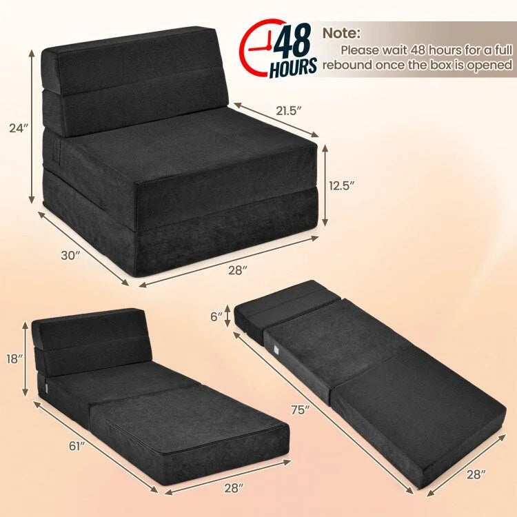 Tri-Fold Folding Chair Convertible Sleeper Bed - 75 x 28 x 6
