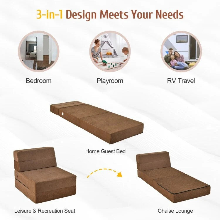 Tri-Fold Folding Chair Convertible Sleeper Bed - 75 x 28 x 6